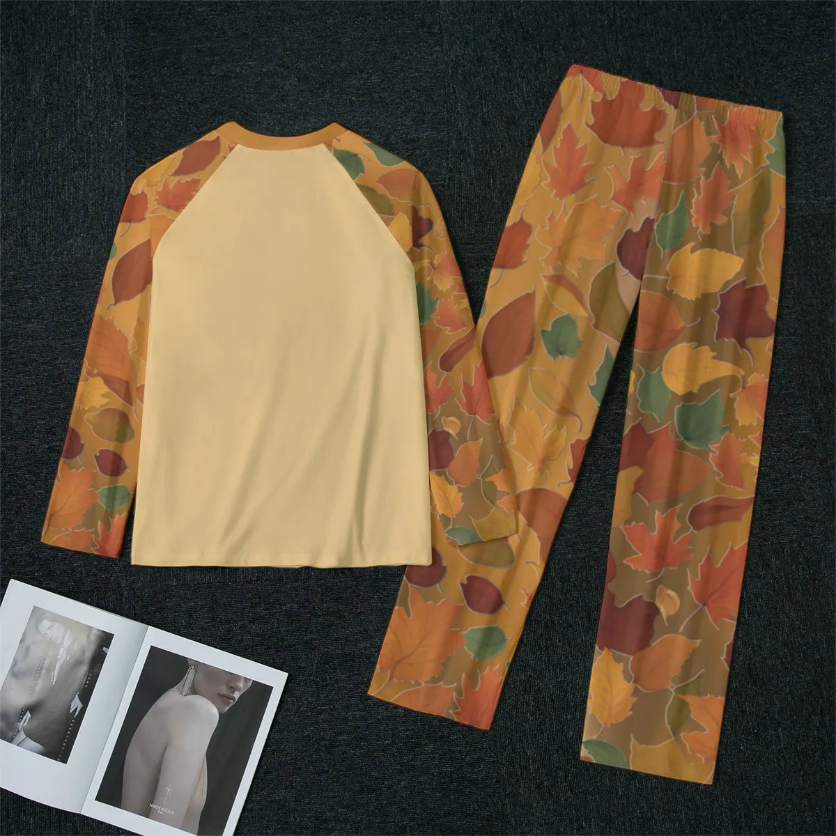 Beige Pajama Set: Autumn Leaves  Christian Thanksgiving Sleepwear - Women's Matching Top and Pants long sleeves loungewear, bible verse - Printspirationz