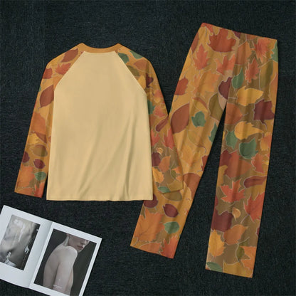 Beige Pajama Set: Autumn Leaves  Christian Thanksgiving Sleepwear - Women's Matching Top and Pants long sleeves loungewear, bible verse - Printspirationz