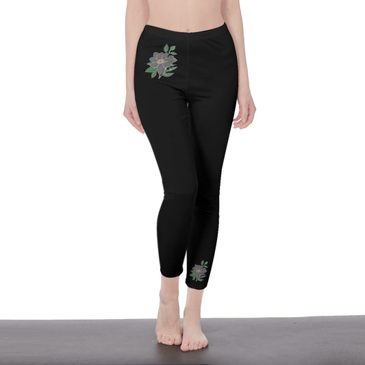 Black Stylish Floral Decal Solid Casual Leggings for Women - Versatile Cut & Sew Exercise, Skinny Fit, Sporty, Yoga Pants - Comfy Everyday Wear - Printspirationz