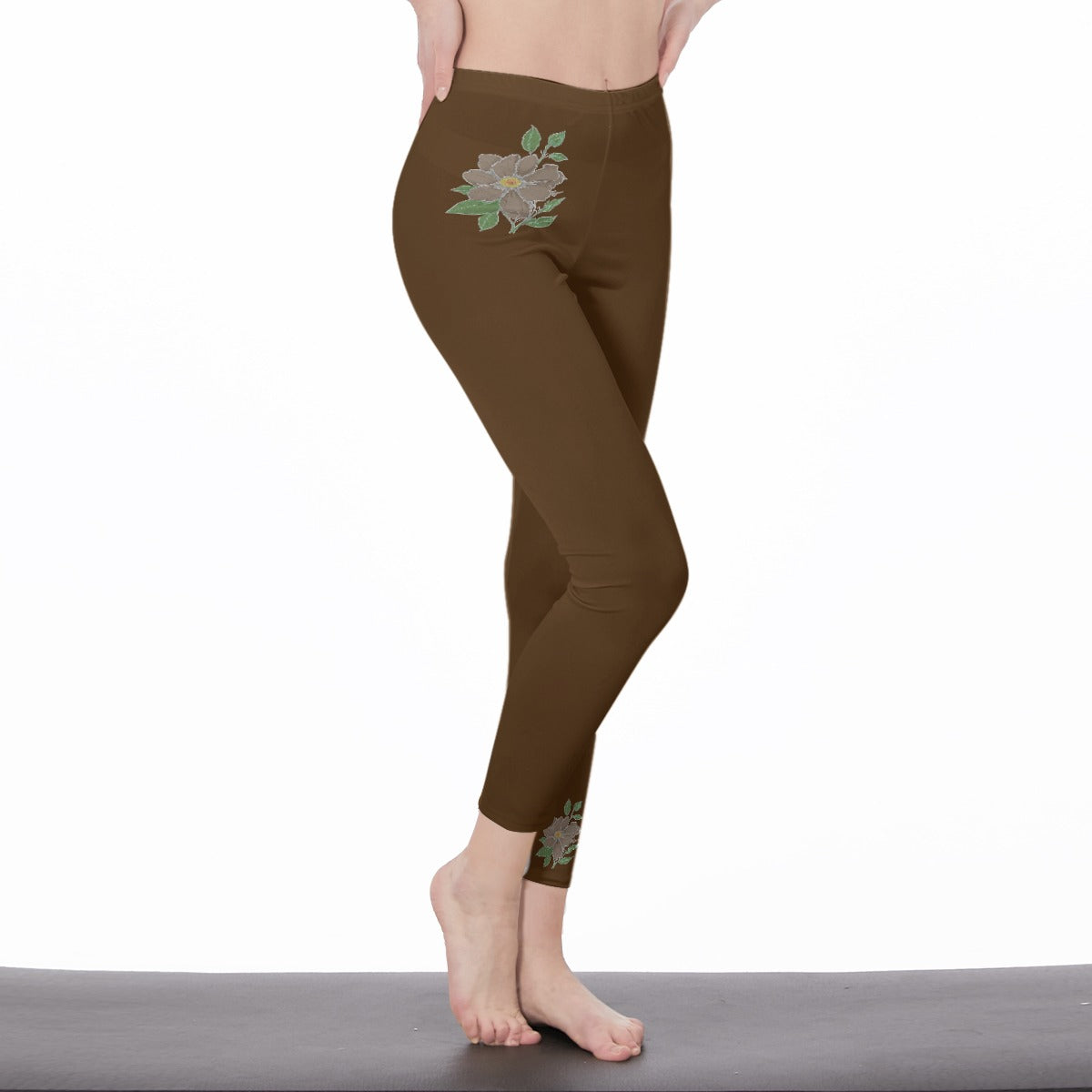 Brown Stylish Floral Decal Solid Casual Leggings for Women - Versatile Cut & Sew Exercise, Skinny Fit, Sporty, Yoga Pants - Comfy Everyday Wear - Printspirationz
