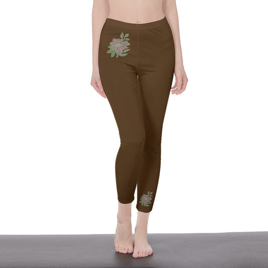 Brown Stylish Floral Decal Solid Casual Leggings for Women - Versatile Cut & Sew Exercise, Skinny Fit, Sporty, Yoga Pants - Comfy Everyday Wear - Printspirationz