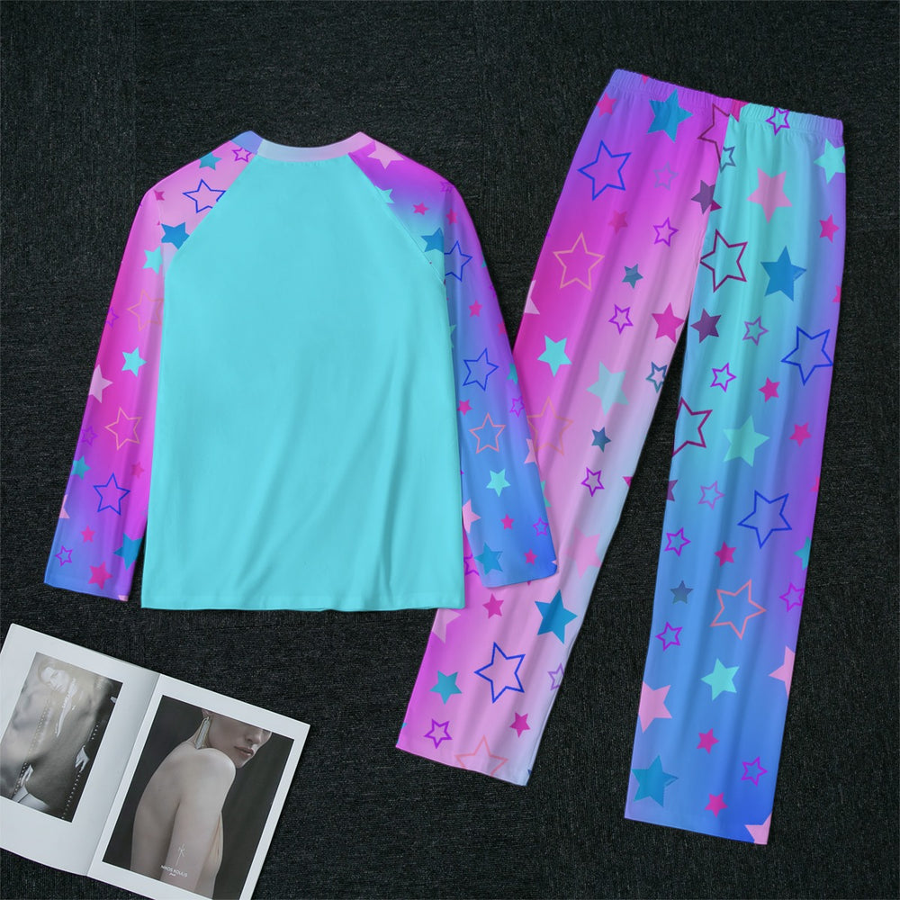 Celestial Dreams Pajama Set | Stars Pattern on Blue Pink Purple Ombre, Women's Raglan Sleeve With Wide Ankles loungewear, 2 pc