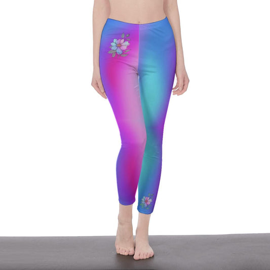 Pink, Blue, & Purple Gradient Stylish Ombre Floral Decal Casual Solid Leggings - Sporty Exercise Skinny Fit, Yoga Pants - Everyday Wear - Printspirationz