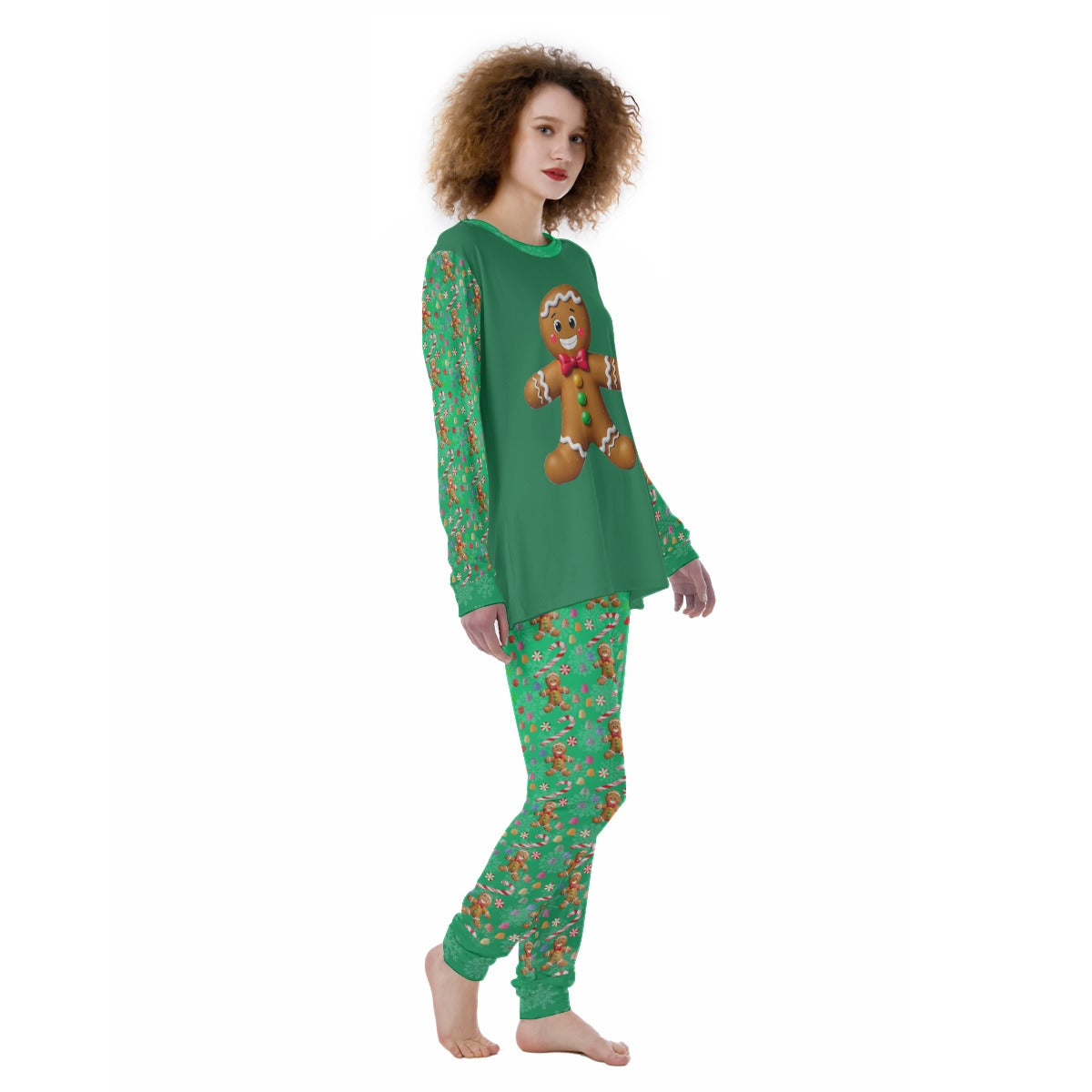 Gingerbread Candy Print Women’s Pajamas on Green Background - Printspirationz