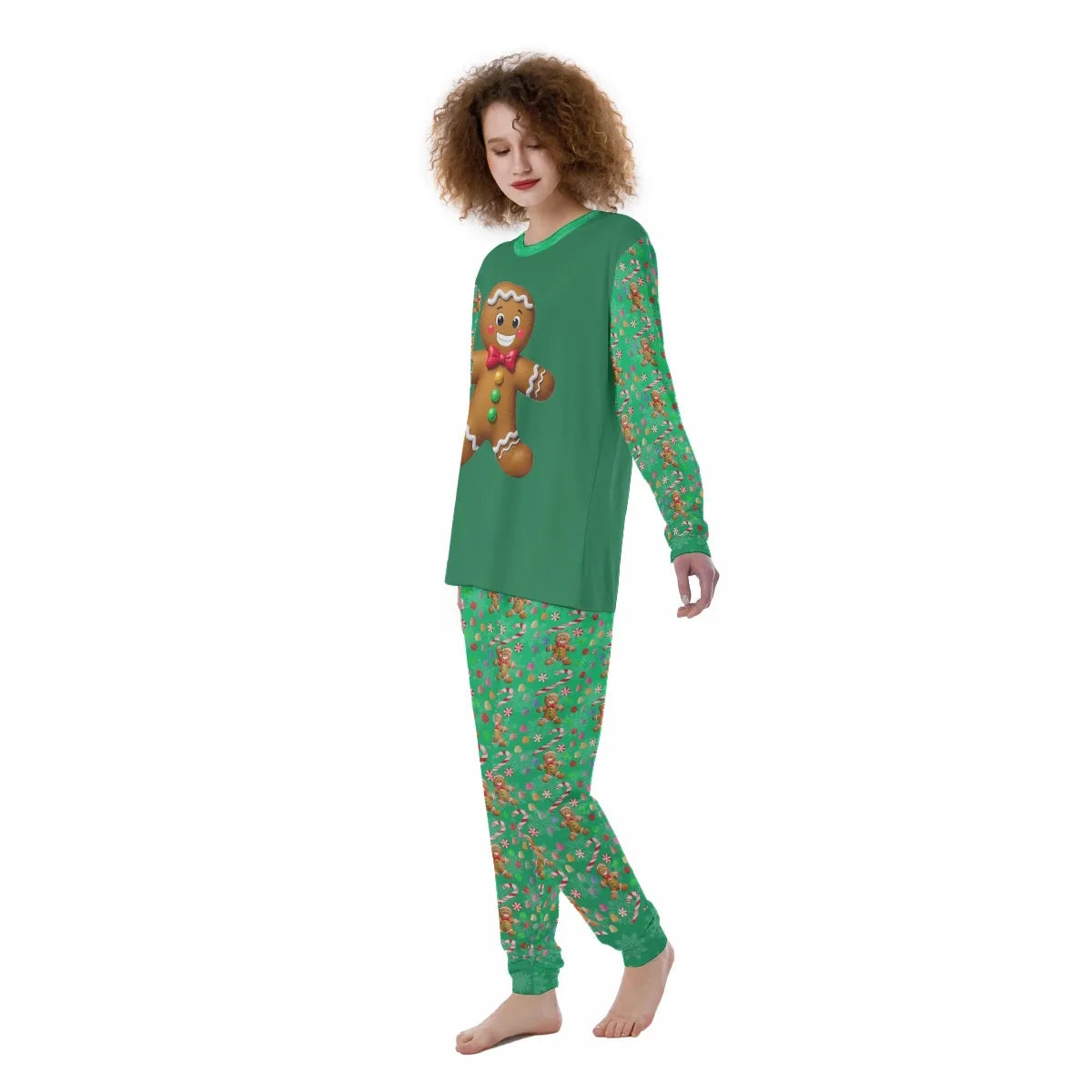 Gingerbread Candy Print Women’s Pajamas on Green Background - Printspirationz