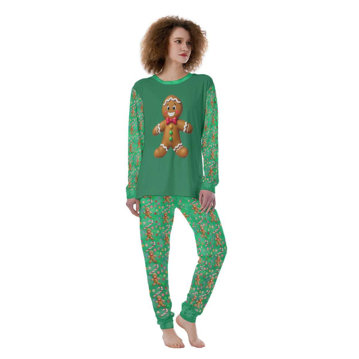 Gingerbread Candy Print Women’s Pajamas on Green Background