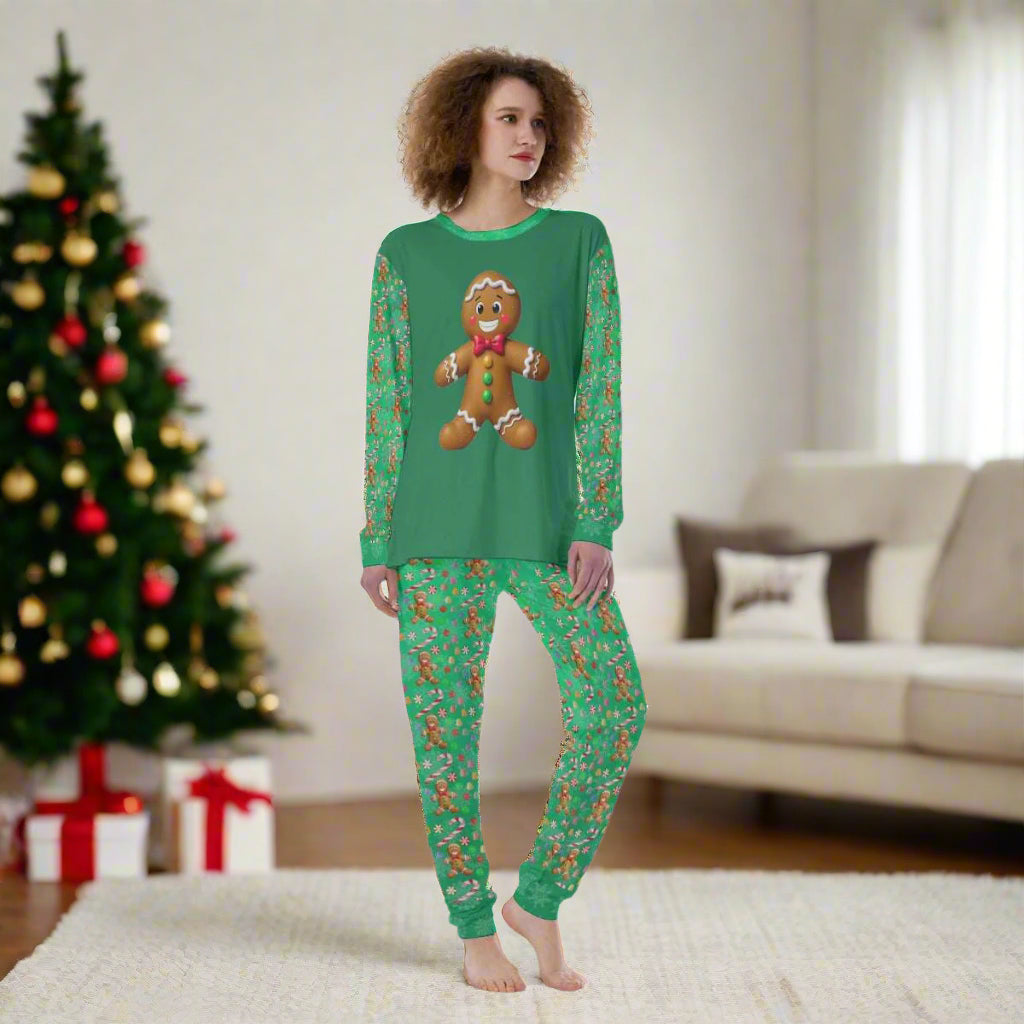 Gingerbread Candy Print Women’s Pajamas on Green Background - Printspirationz