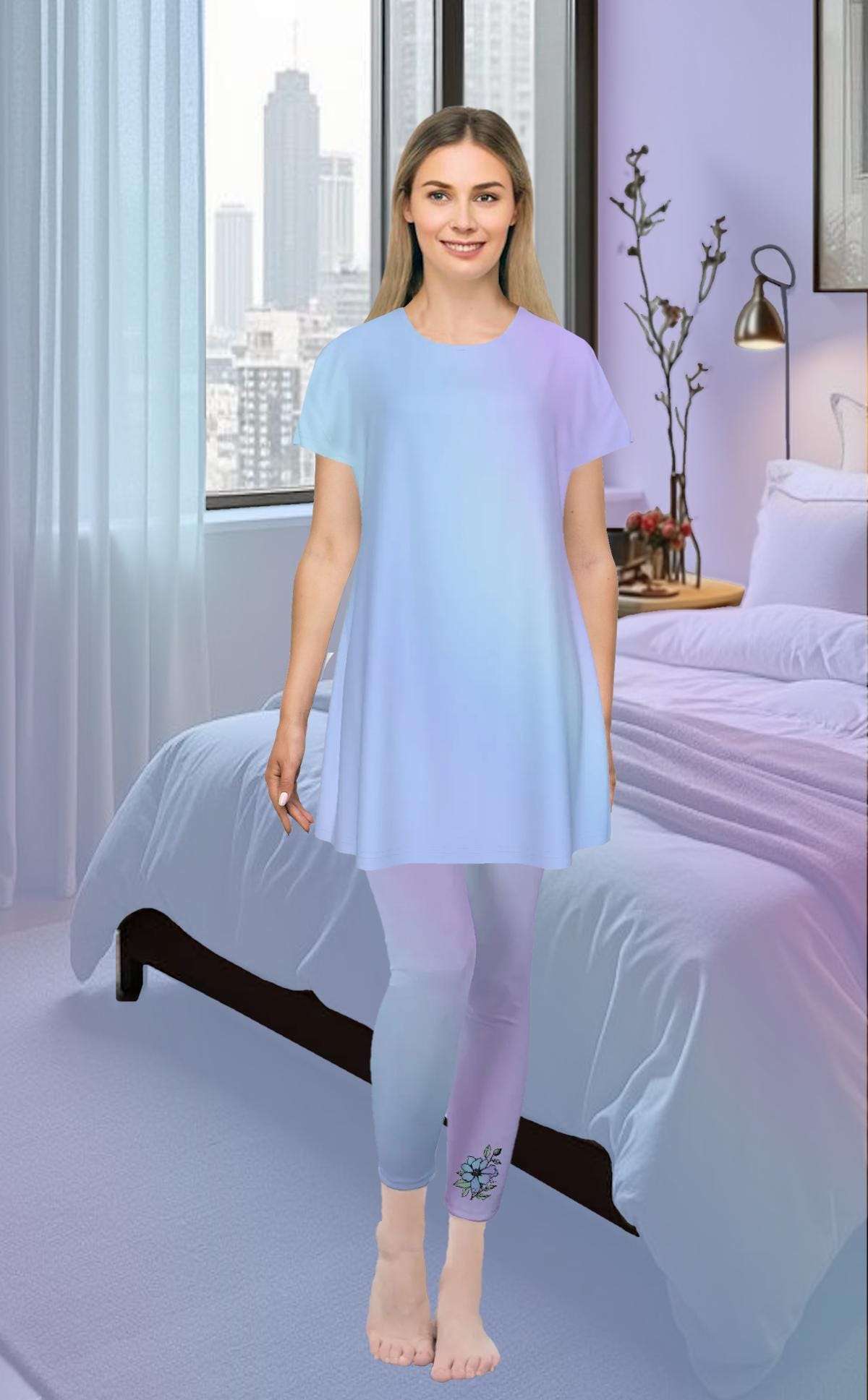 Pastel Blue and Lavender Gradient Stylish Ombre Floral Decal Casual Solid Leggings - Sporty Exercise Skinny Fit, Yoga Pants - Everyday Wear