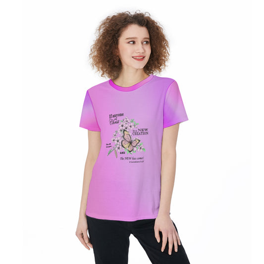 Women’s Scripture Jersey Tee – Caterpillar to Butterfly Design with 2 Corinthians 5:17 Bible Verse - Gradient Pink - Printspirationz