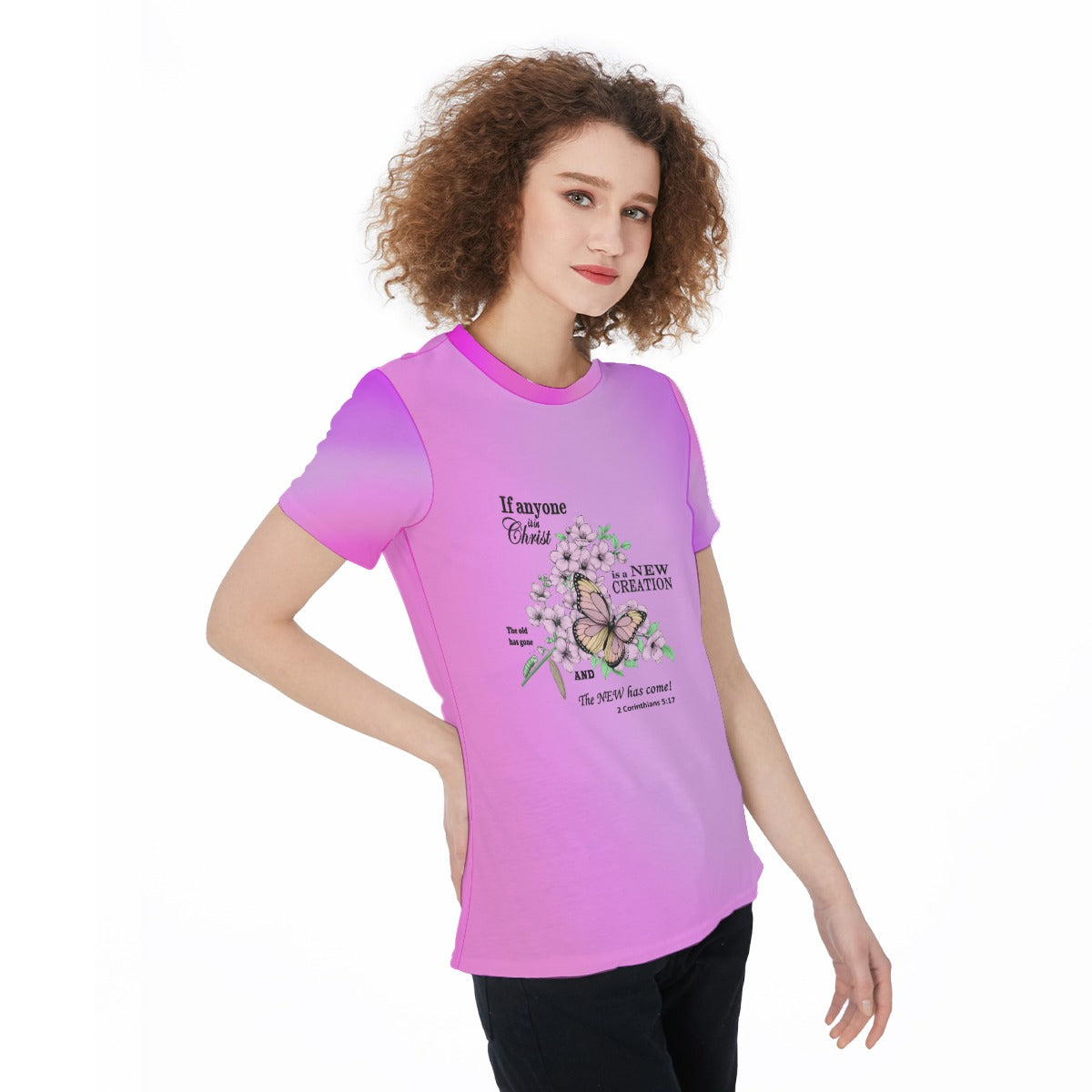 Women’s Scripture Jersey Tee – Caterpillar to Butterfly Design with 2 Corinthians 5:17 Bible Verse - Gradient Pink - Printspirationz