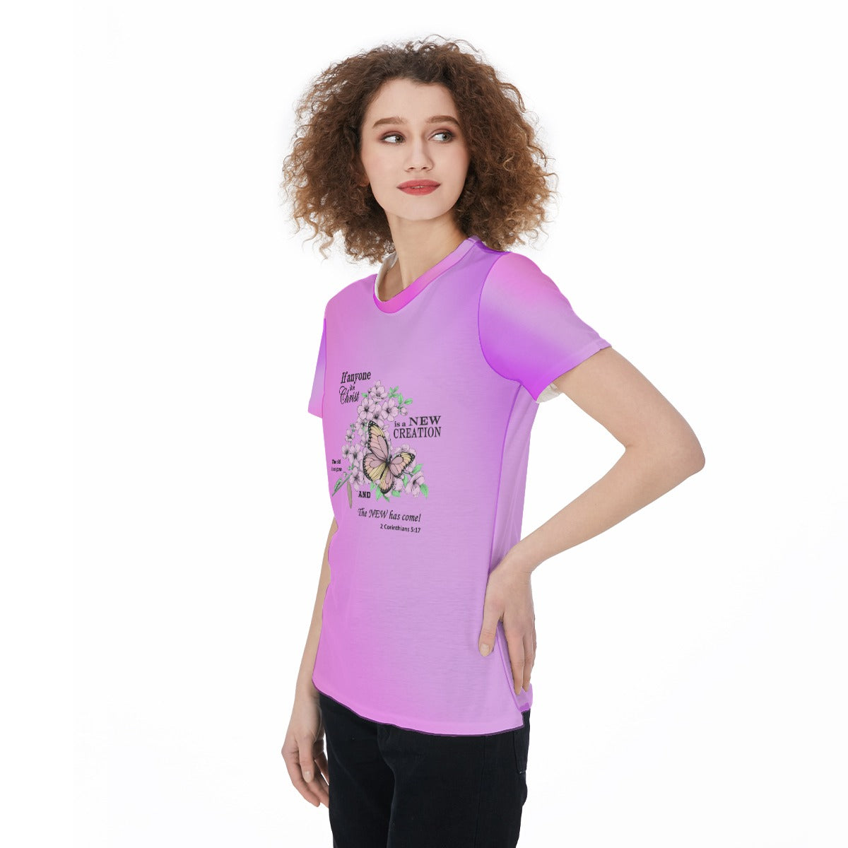 Women’s Scripture Jersey Tee – Caterpillar to Butterfly Design with 2 Corinthians 5:17 Bible Verse - Gradient Pink - Printspirationz
