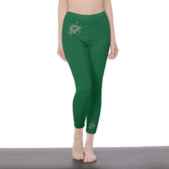 Green Stylish Floral Decal Solid Casual Leggings for Women - Versatile Cut & Sew Exercise, Skinny Fit, Sporty, Yoga Pants - Comfy Everyday Wear