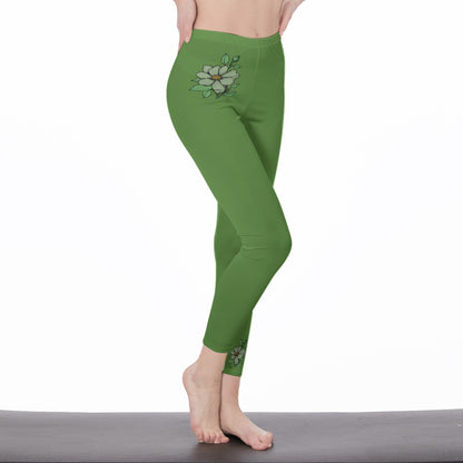 Leaf Green Stylish Floral Decal Solid Casual Leggings for Women - Versatile Cut & Sew Exercise, Skinny Fit, Sporty, Yoga Pants - Comfy Everyday Wear - Printspirationz