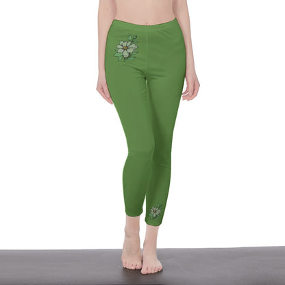 Leaf Green Stylish Floral Decal Solid Casual Leggings for Women - Versatile Cut & Sew Exercise, Skinny Fit, Sporty, Yoga Pants - Comfy Everyday Wear - Printspirationz