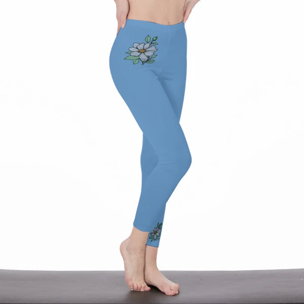 Light Blue Stylish Floral Decal Solid Casual Leggings for Women - Versatile Cut & Sew Exercise, Skinny Fit, Sporty, Yoga Pants - Comfy Everyday Wear - Printspirationz