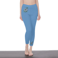 Light Blue Stylish Floral Decal Solid Casual Leggings for Women - Versatile Cut & Sew Exercise, Skinny Fit, Sporty, Yoga Pants - Comfy Everyday Wear