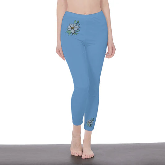 Light Blue Stylish Floral Decal Solid Casual Leggings for Women - Versatile Cut & Sew Exercise, Skinny Fit, Sporty, Yoga Pants - Comfy Everyday Wear - Printspirationz