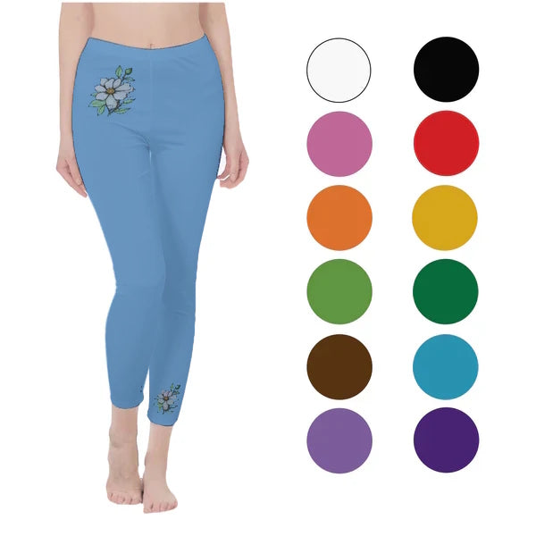 Light Blue Stylish Floral Decal Solid Casual Leggings for Women - Versatile Cut & Sew Exercise, Skinny Fit, Sporty, Yoga Pants - Comfy Everyday Wear - Printspirationz