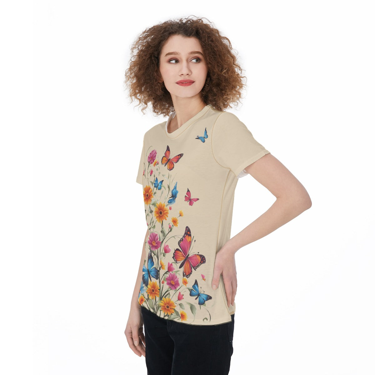 Lightweight Beige Sports Jersey T-Shirt with Flowers and Butterfly Graphic for Women – Breathable Activewear Top - Printspirationz