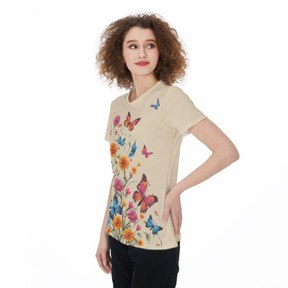 Lightweight Beige Sports Jersey T-Shirt with Flowers and Butterfly Graphic for Women – Breathable Activewear Top - Printspirationz
