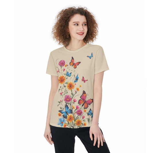 Lightweight Beige Sports Jersey T-Shirt with Flowers and Butterfly Graphic for Women – Breathable Activewear Top - Printspirationz