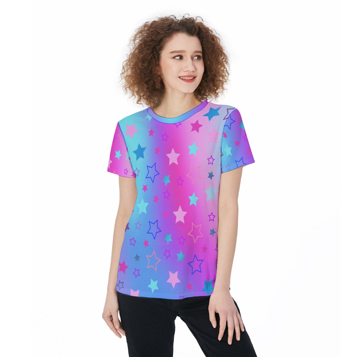 Lightweight Sports Jersey T-Shirt with Blue Purple Pink Starry All Over Print – Women’s Breathable Activewear Top - Printspirationz