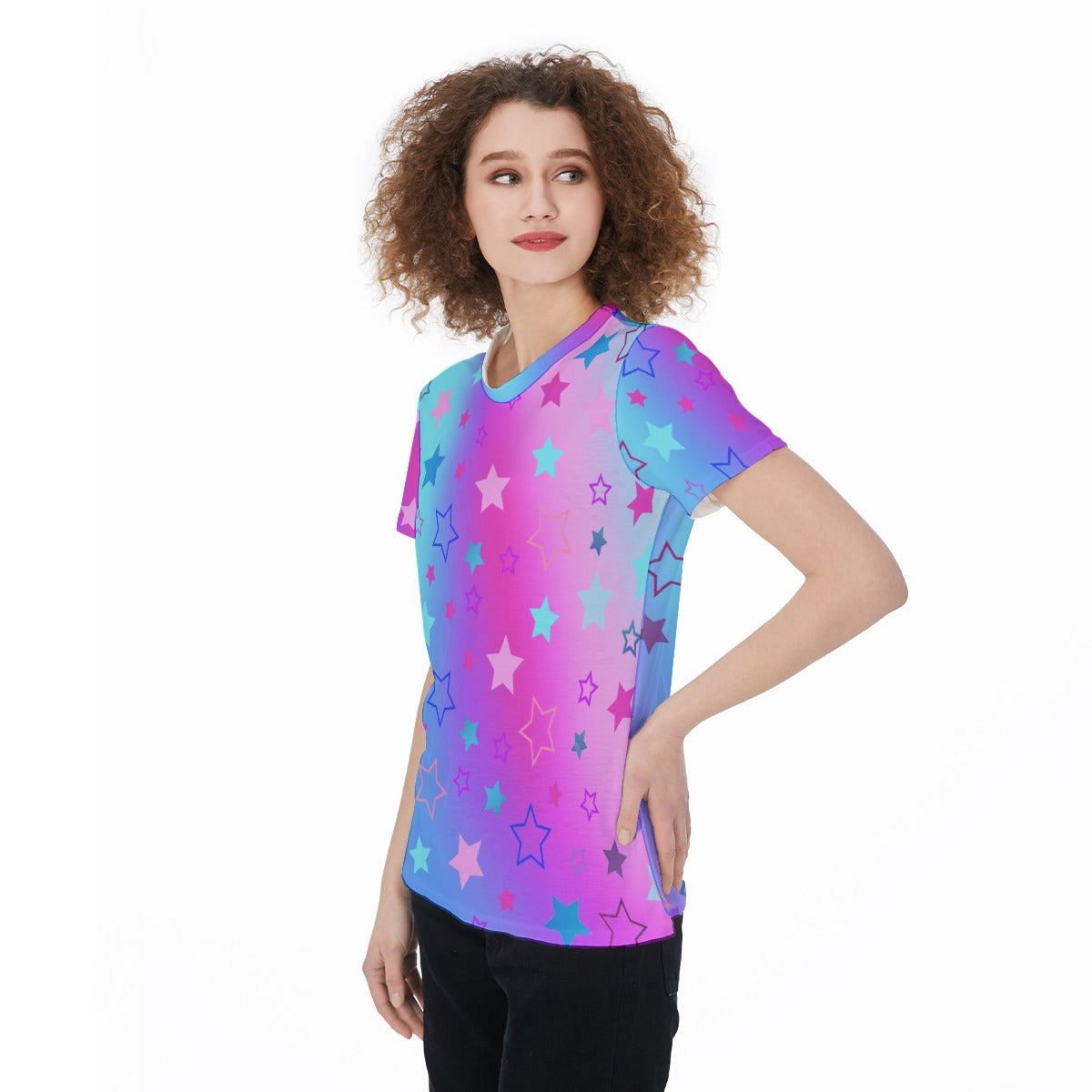 Lightweight Sports Jersey T-Shirt with Blue Purple Pink Starry All Over Print – Women’s Breathable Activewear Top - Printspirationz