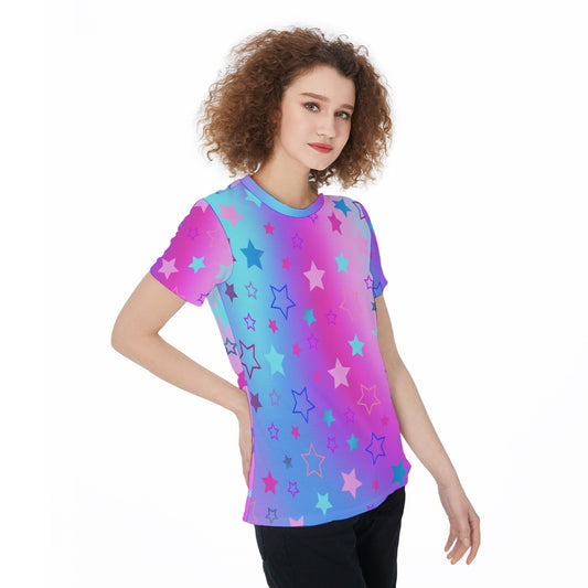Lightweight Sports Jersey T-Shirt with Blue Purple Pink Starry All Over Print – Women’s Breathable Activewear Top - Printspirationz