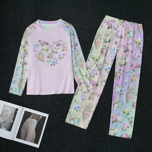 Pink Floral Raglan Sleeve Pajamas With Wide Ankles - Printspirationz
