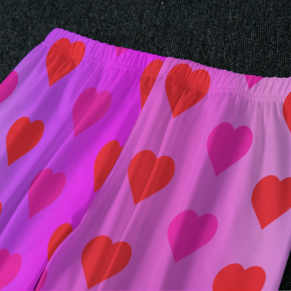 Red Hearts on Pink Gradient Women's Pajama Pants, Valentine's Day Lounge wear, Women's Matching Top and Pants long sleeves loungewear, 2 pc