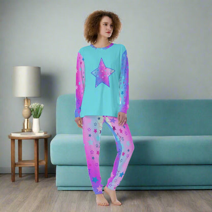 Star Pattern Pajama Set: Women's Brush-Knit Lounge Sleepwear - Printspirationz