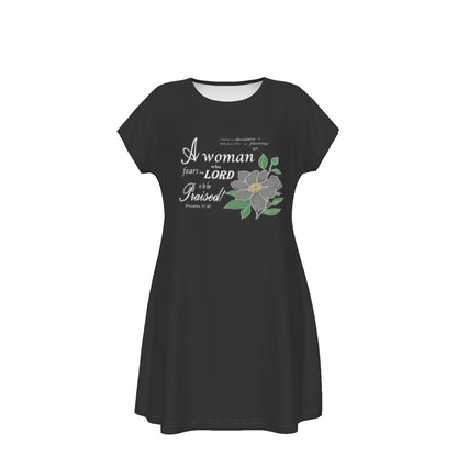 T-Shirt Bible Verse Floral Scripture Proverbs 31:30 Design - Oversized Short Sleeve T-shirt Dress For Women - Black - Printspirationz