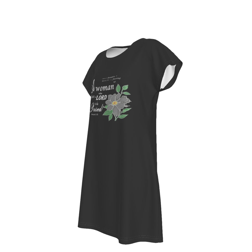 T-Shirt Bible Verse Floral Scripture Proverbs 31:30 Design - Oversized Short Sleeve T-shirt Dress For Women - Black