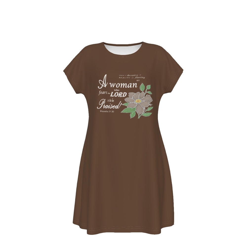 T-Shirt Bible Verse Floral Scripture Proverbs 31:30 Design - Oversized Short Sleeve T-shirt Dress - For Women - Brown