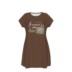 T-Shirt Bible Verse Floral Scripture Proverbs 31:30 Design - Oversized Short Sleeve T-shirt Dress - For Women - Brown