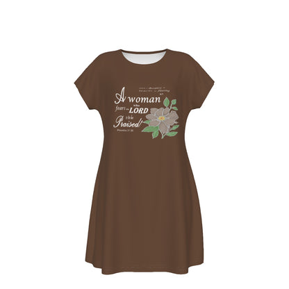 T-Shirt Bible Verse Floral Scripture Proverbs 31:30 Design - Oversized Short Sleeve T-shirt Dress - For Women - Brown - Printspirationz