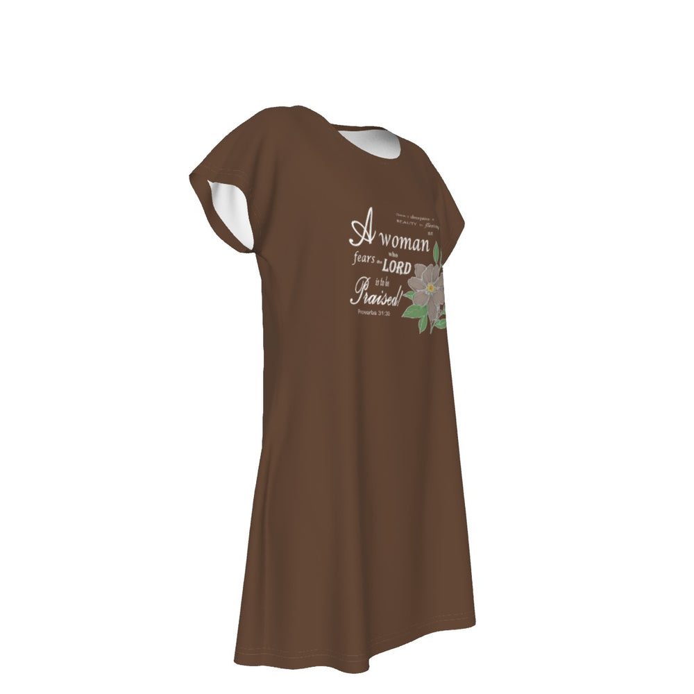 T-Shirt Bible Verse Floral Scripture Proverbs 31:30 Design - Oversized Short Sleeve T-shirt Dress - For Women - Brown