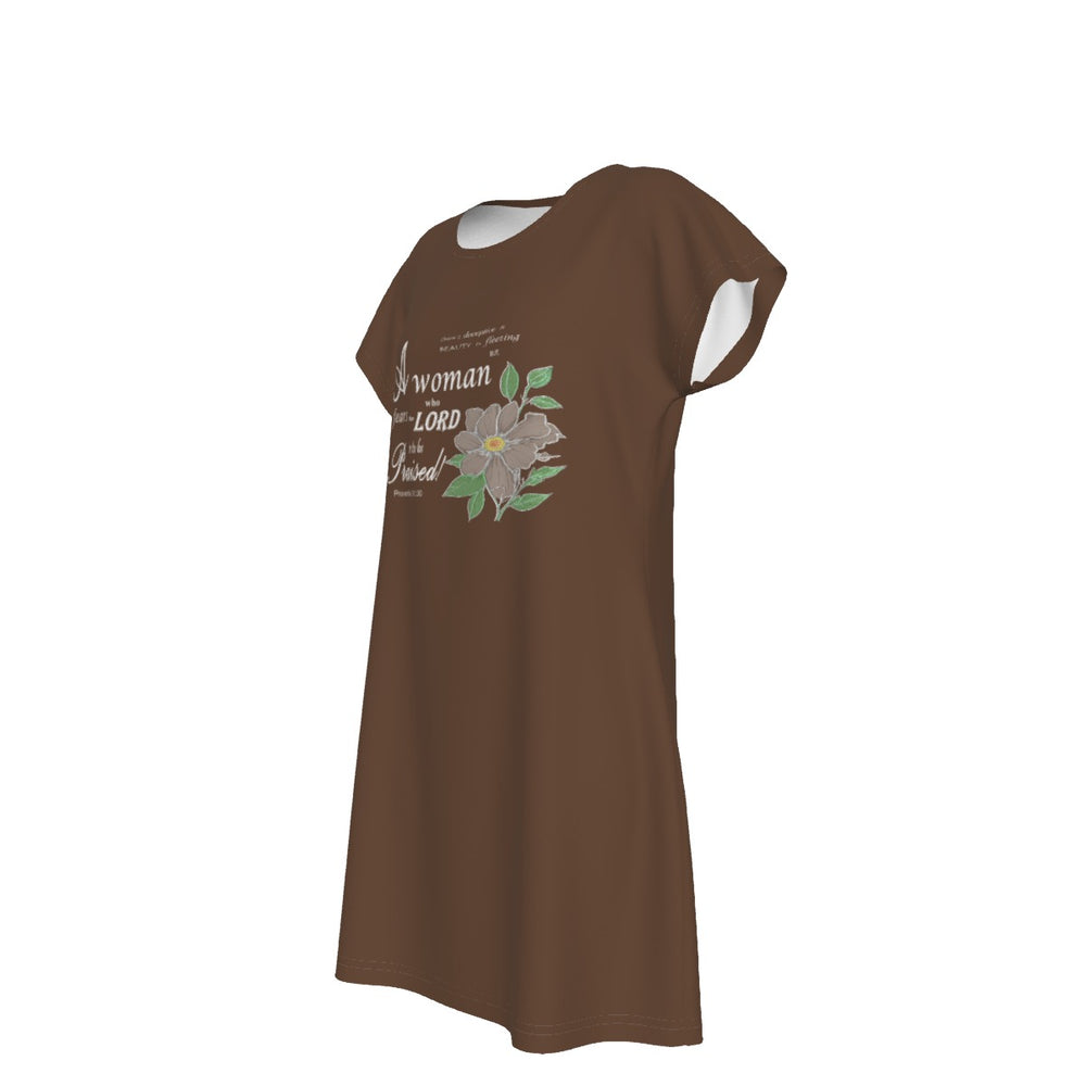 T-Shirt Bible Verse Floral Scripture Proverbs 31:30 Design - Oversized Short Sleeve T-shirt Dress - For Women - Brown