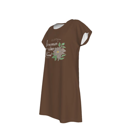 T-Shirt Bible Verse Floral Scripture Proverbs 31:30 Design - Oversized Short Sleeve T-shirt Dress - For Women - Brown - Printspirationz