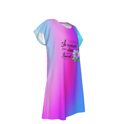 T-Shirt Bible Verse Floral Scripture Proverbs 31:30 Design - Oversized Short Sleeve T-shirt Dress For Women - Cool Colors - Printspirationz