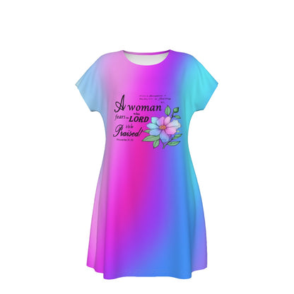 T-Shirt Bible Verse Floral Scripture Proverbs 31:30 Design - Oversized Short Sleeve T-shirt Dress For Women - Cool Colors - Printspirationz