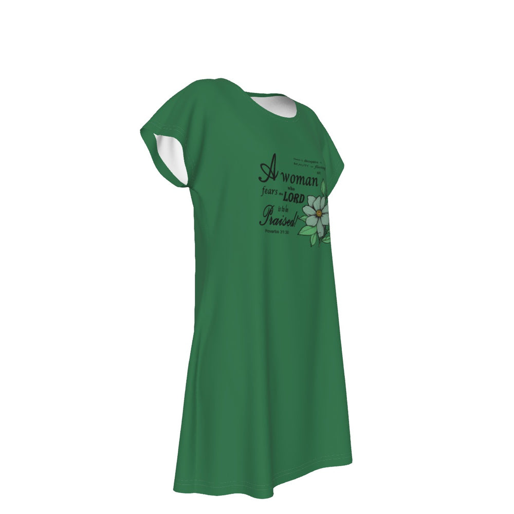 T-Shirt Bible Verse Floral Scripture Proverbs 31:30 Design - Oversized Short Sleeve T-shirt Dress For Women -  Dark Green