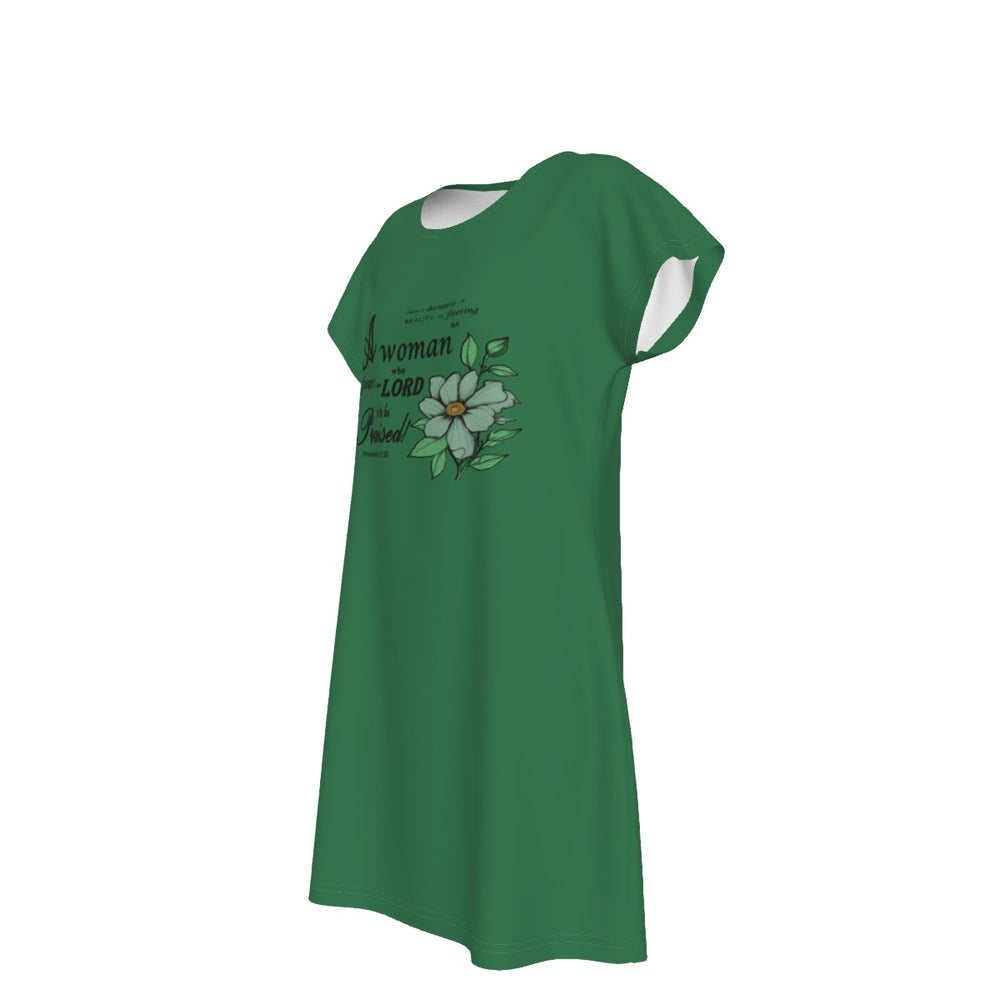 T-Shirt Bible Verse Floral Scripture Proverbs 31:30 Design - Oversized Short Sleeve T-shirt Dress For Women -  Dark Green
