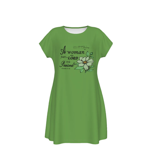T-Shirt Bible Verse Floral Scripture Proverbs 31:30 Design - Oversized Short Sleeve T-shirt Dress For Women - Green - Printspirationz