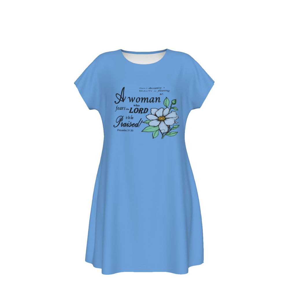 T-Shirt Bible Verse Floral Scripture Proverbs 31:30 Design - Oversized Short Sleeve T-shirt Dress For Women - Light Blue