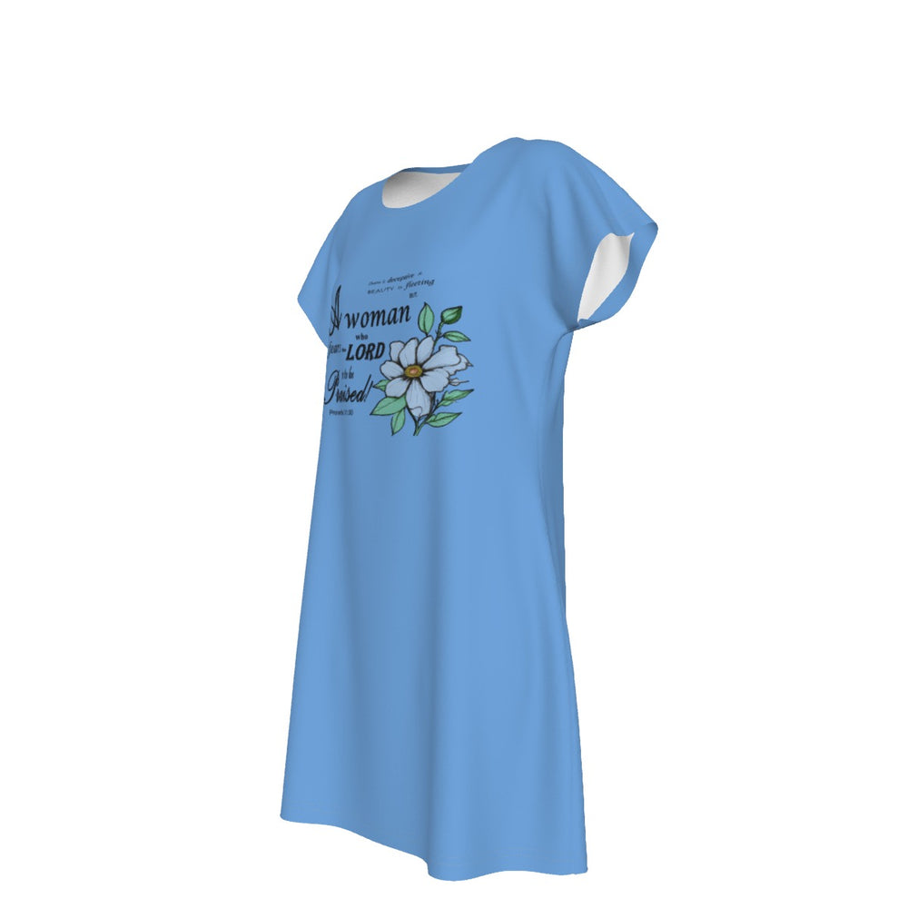 T-Shirt Bible Verse Floral Scripture Proverbs 31:30 Design - Oversized Short Sleeve T-shirt Dress For Women - Light Blue