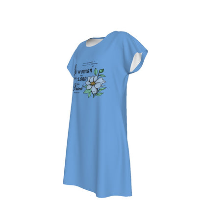 T-Shirt Bible Verse Floral Scripture Proverbs 31:30 Design - Oversized Short Sleeve T-shirt Dress For Women - Light Blue - Printspirationz