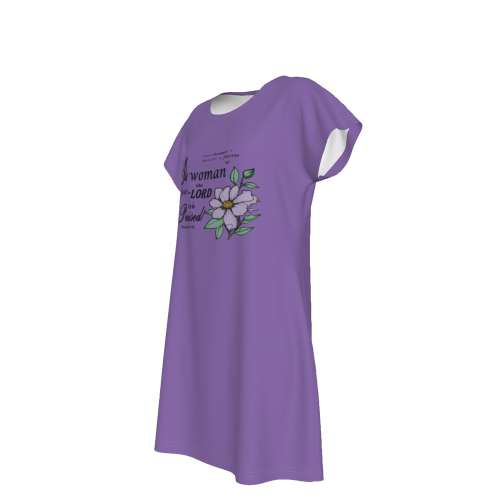 T-Shirt Bible Verse Floral Scripture Proverbs 31:30 Design - Oversized Short Sleeve T-shirt Dress For Women - Light Purple