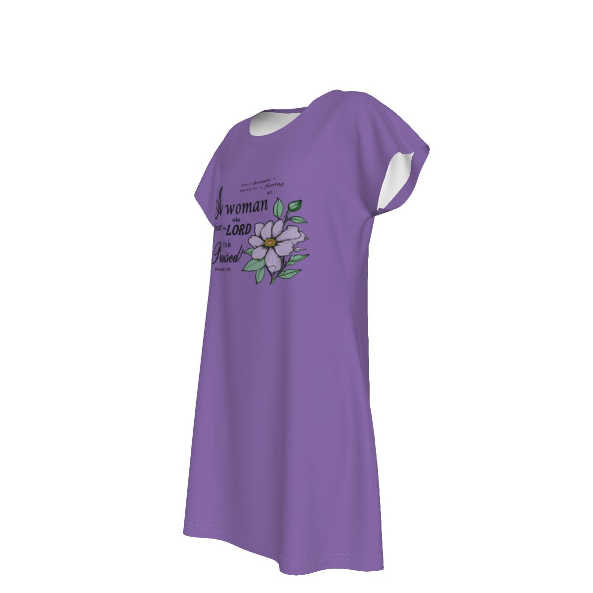 T-Shirt Bible Verse Floral Scripture Proverbs 31:30 Design - Oversized Short Sleeve T-shirt Dress For Women - Light Purple - Printspirationz