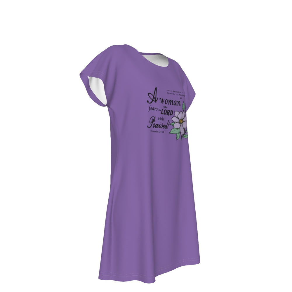 T-Shirt Bible Verse Floral Scripture Proverbs 31:30 Design - Oversized Short Sleeve T-shirt Dress For Women - Light Purple